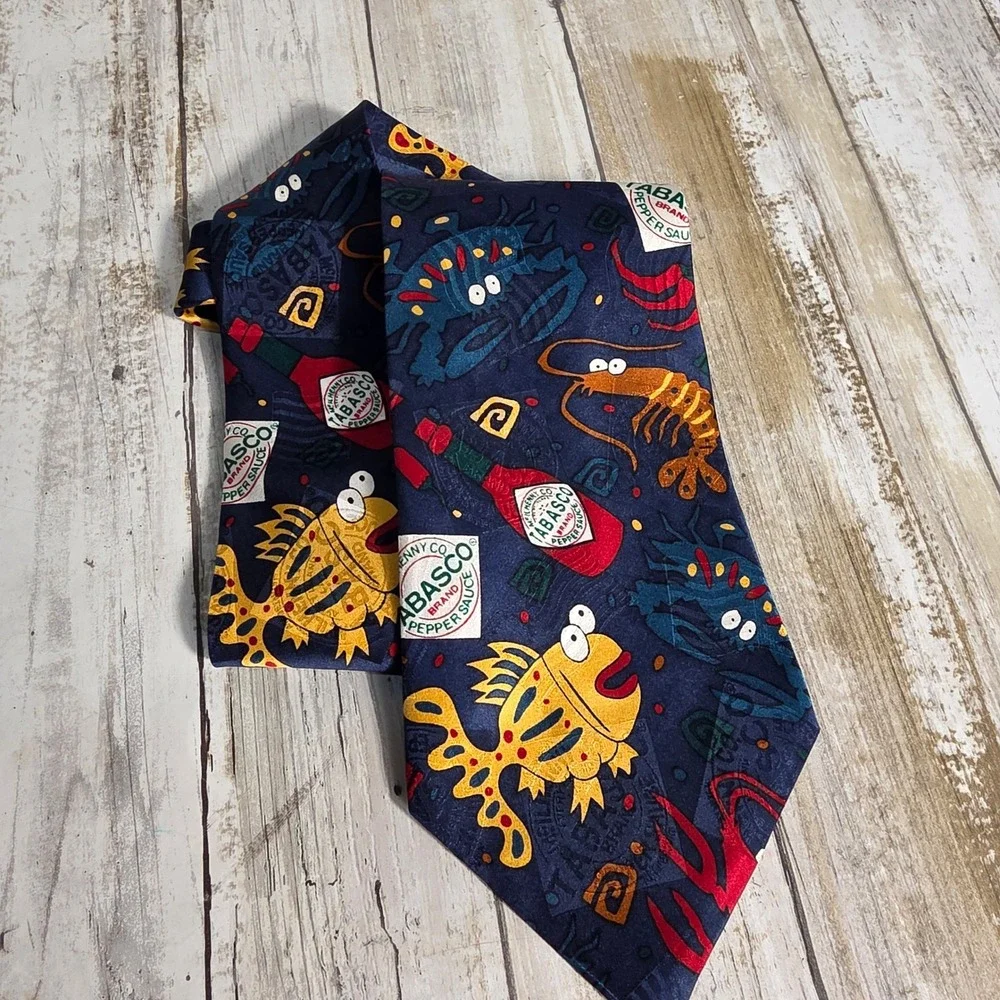 Tabasco Mens Silk Necktie Navy Blue Seafood Fish Shrimp Hot Sauce Novelty Tie